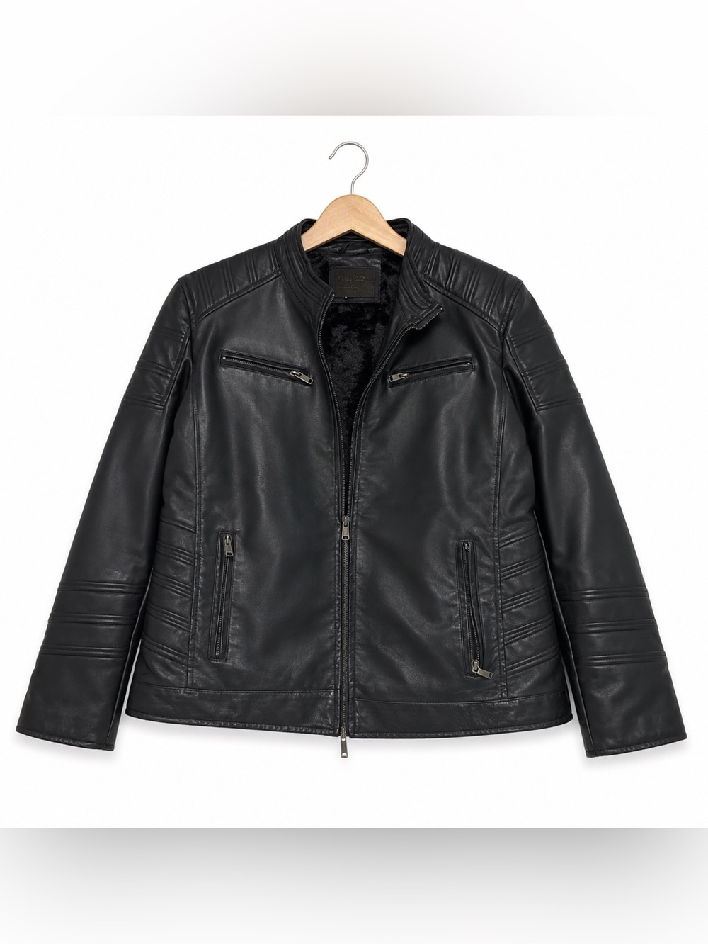 American Breed Faux Leather Moto Biker Jacket Black Sherpa Lined Unisex L